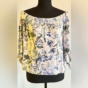 Lucky Brand Floral Off The Shoulder Top w/ Tie Sleeves: Blue, Green & Cream, XS